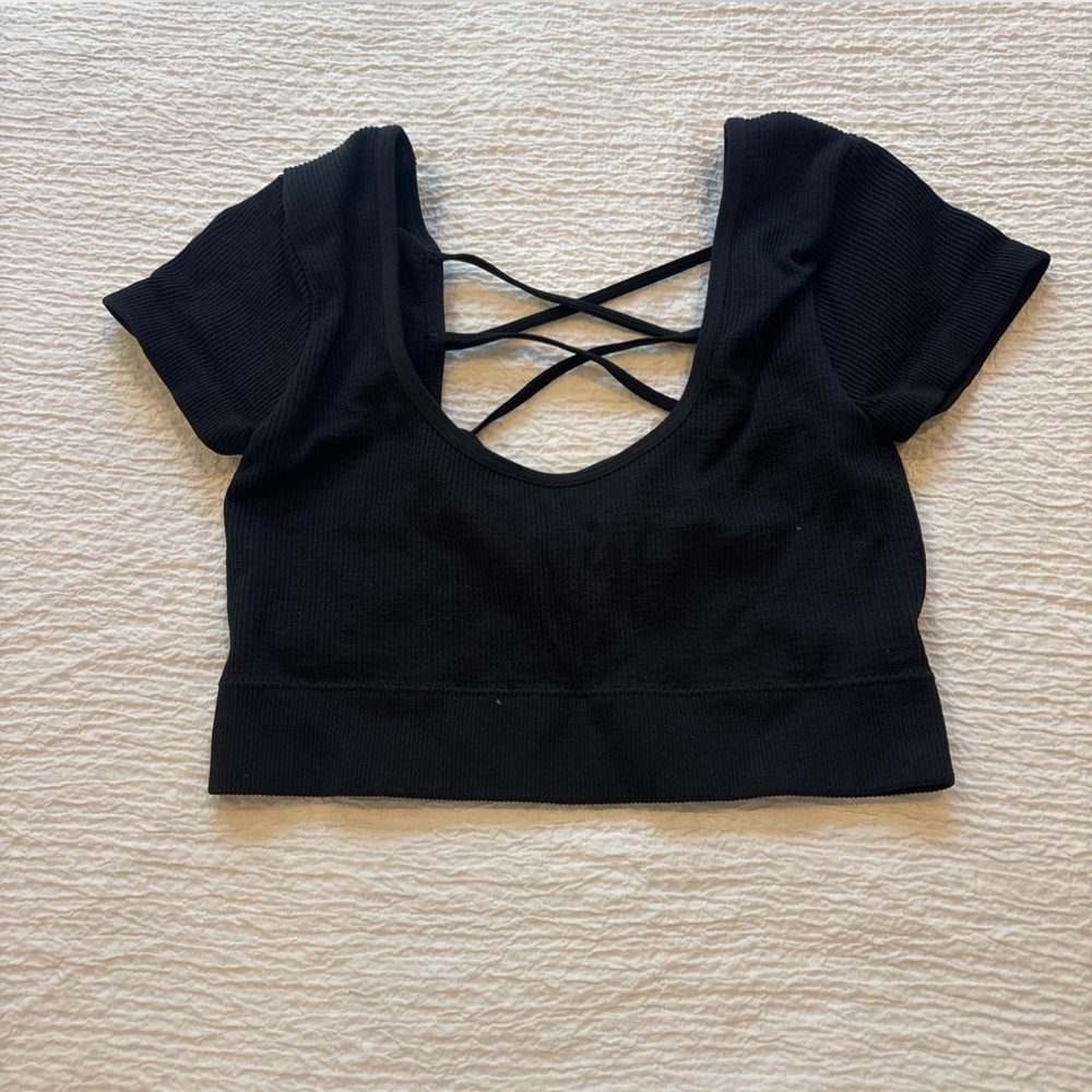 aerie Black Ribbed Scoop Crop Top with Crisscross Back